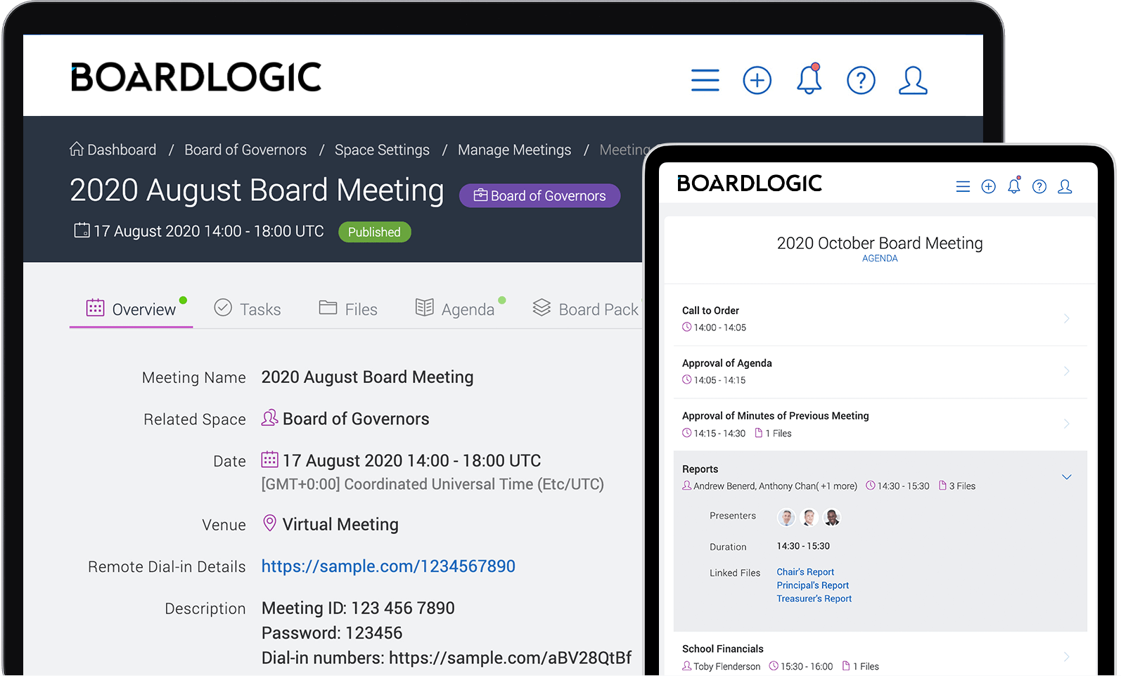 Boardlogic board portal solution meeting dashboard and agenda screenshots on a desktop screen and tablet